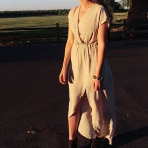 Cream V Neck Dress with Mid Slit